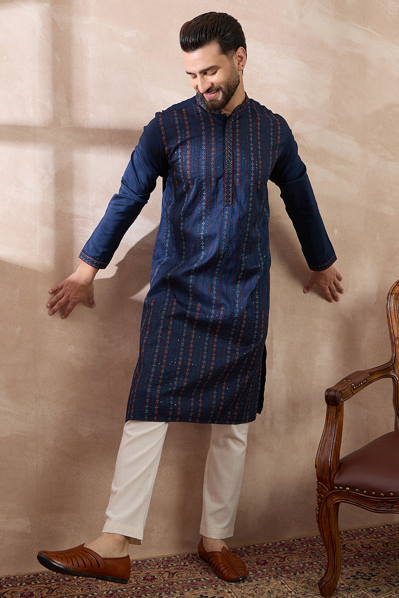 Navy Blue Silk Blend Embroidered Mandarin Collar Straight Kurta MKU2040