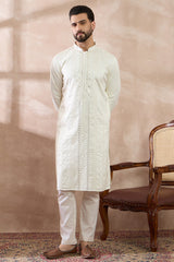 White Silk Blend Embroidered Mandarin Collar Straight Kurta MKU1891