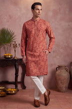 Red Silk Blend Floral Printed Kurta MKU1979