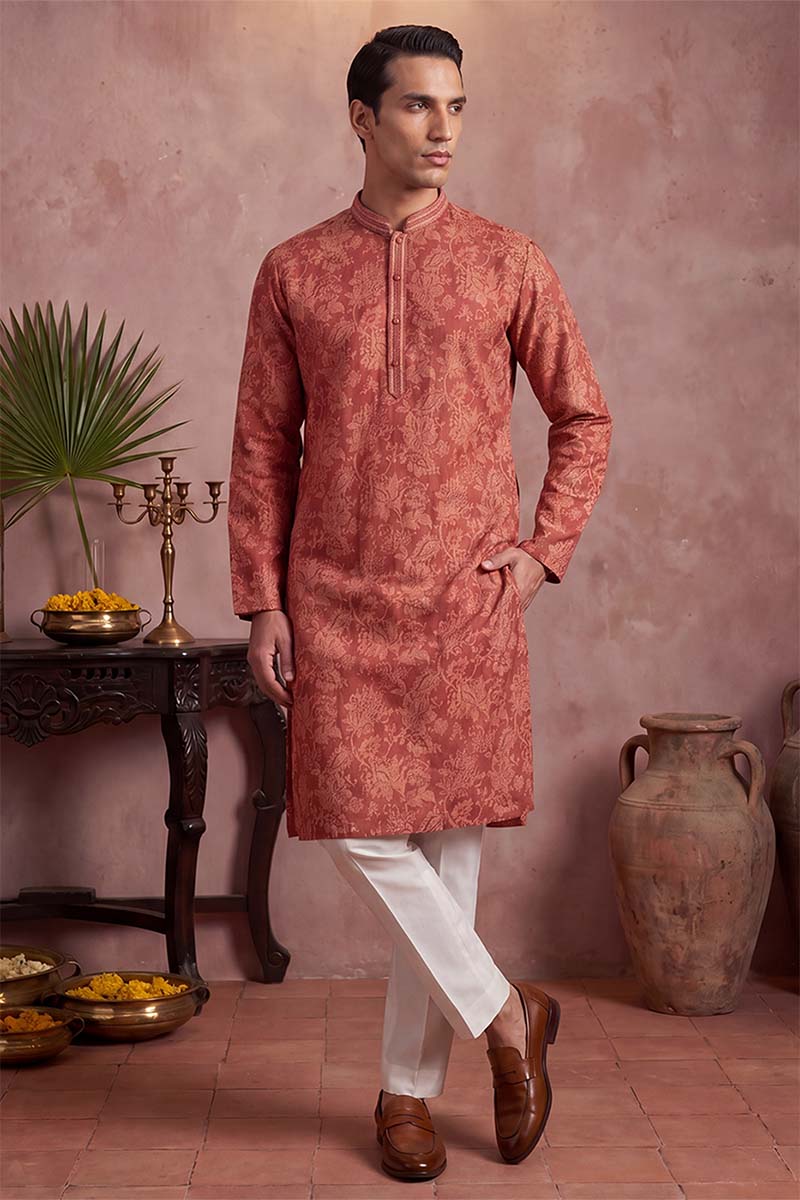 Red Silk Blend Floral Printed Kurta MKU1979