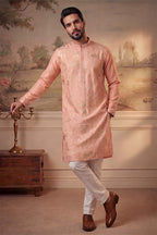 Peach Viscose Rayon Solid Embroidered Kurta With Trousers MKSET2092