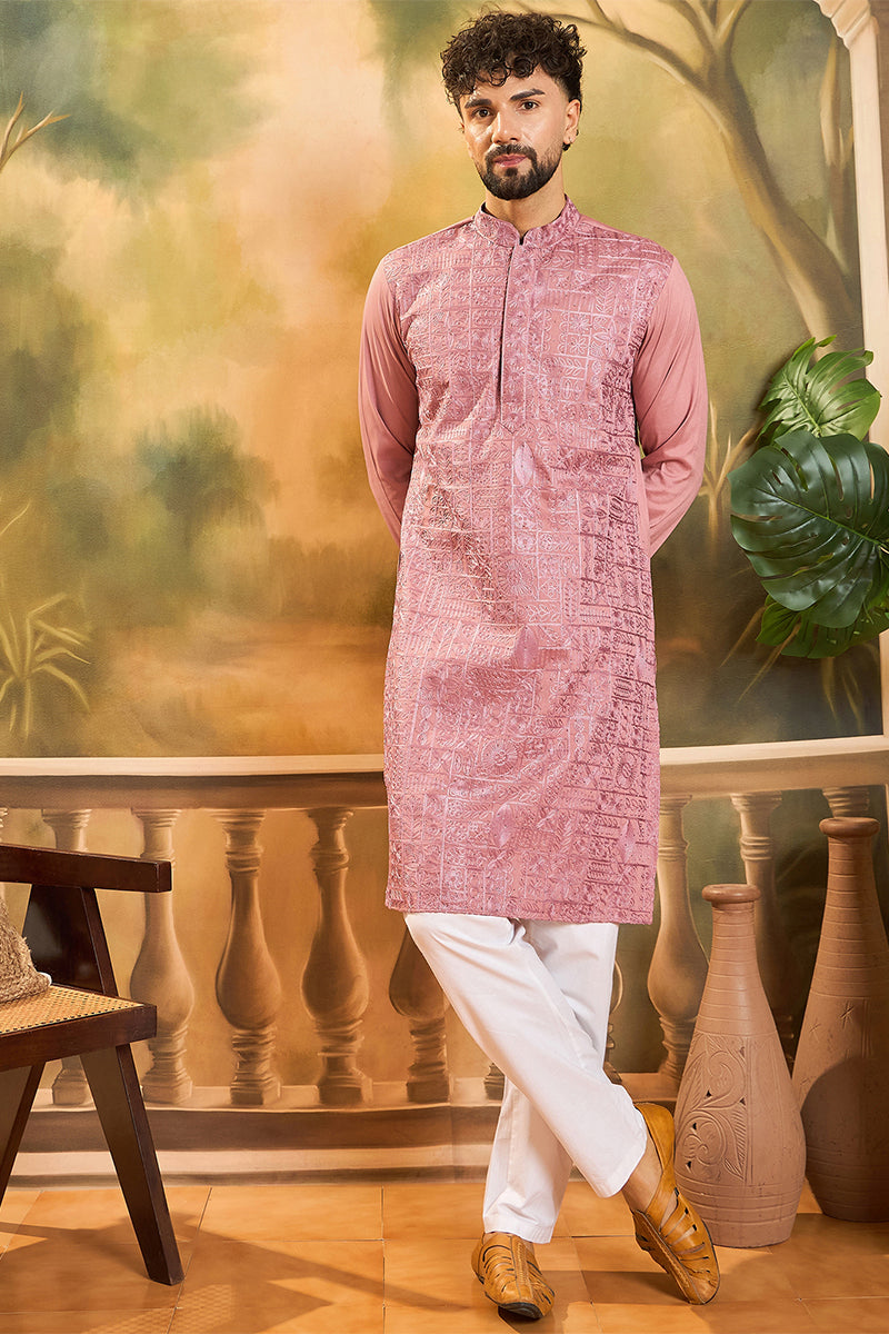 Mauve Silk Blend Solid Embroidered Straight Kurta MKU1495