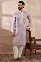 Lavender Silk Blend Embroidered Mandarin Collar Straight Kurta With Trouser MKSET1690