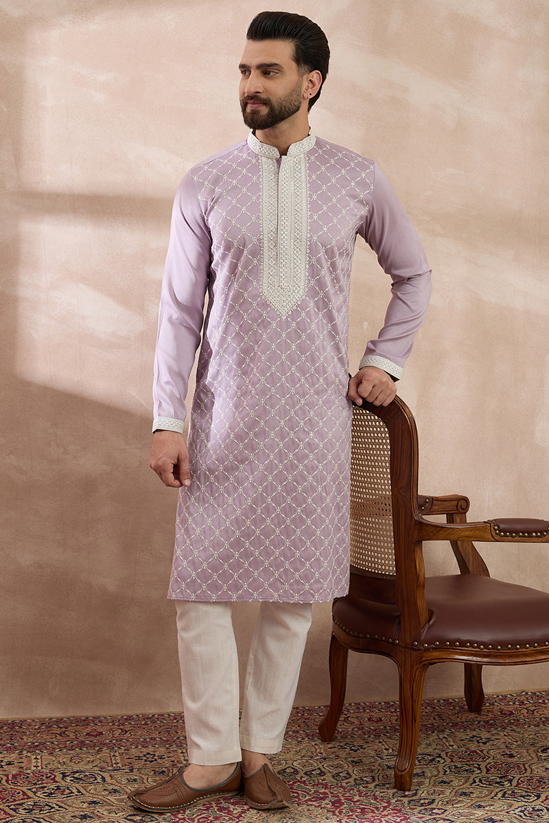 Lavender Silk Blend Embroidered Mandarin Collar Straight Kurta With Trouser MKSET1690