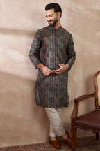 Black Silk Blend Printed Mandarin Collar Straight Kurta MKU2097