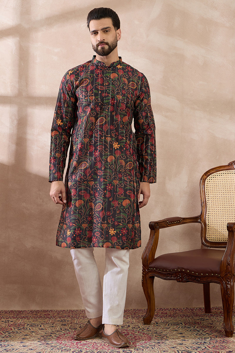 Black Silk Blend Embroidered Mandarin Collar Straight Kurta MKU2096