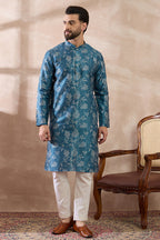 Blue Silk Blend Printed Mandarin Collar Straight Kurta MKU1998