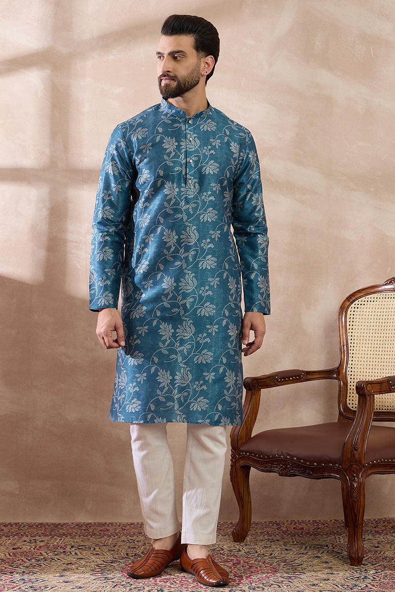 Blue Silk Blend Printed Mandarin Collar Straight Kurta MKU1998
