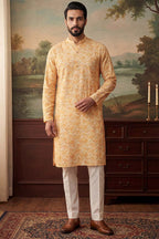 Yellow Cotton Blend Chevron Embroidered Kurta MKU2066