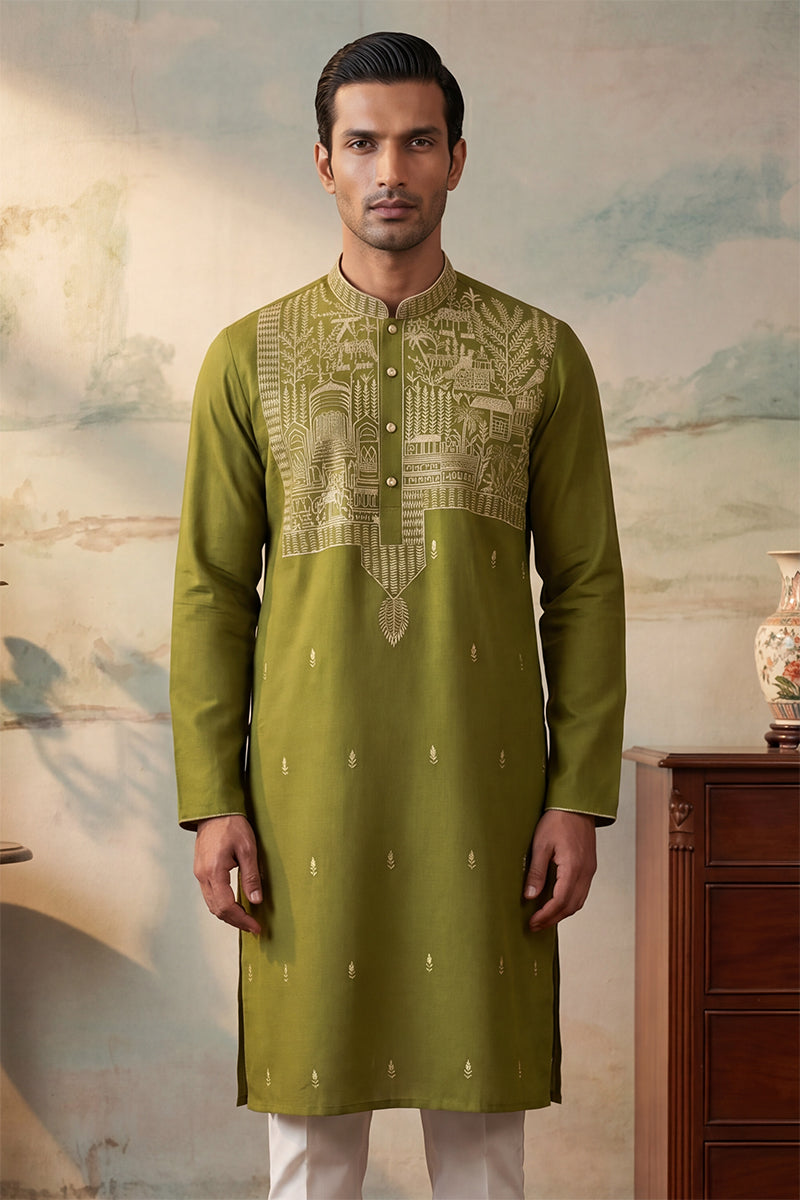 Green Silk Blend Solid Emboidered Straight Kurta With Trouser MKSET2373