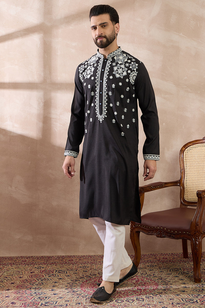 Black Silk Blend Embroidered Indian Wear for Men MKSET1884 | DesiQlo