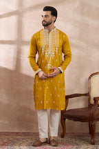 Yellow Silk Blend Embroidered Mandarin Collar Straight Kurta MKU1786