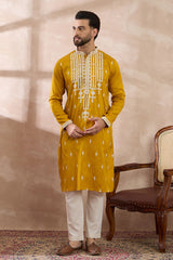 Yellow Silk Blend Embroidered Mandarin Collar Straight Kurta MKU1786