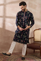 Blue Silk Blend Printed Mandarin Collar Straight Kurta With Trouser MKSET1987