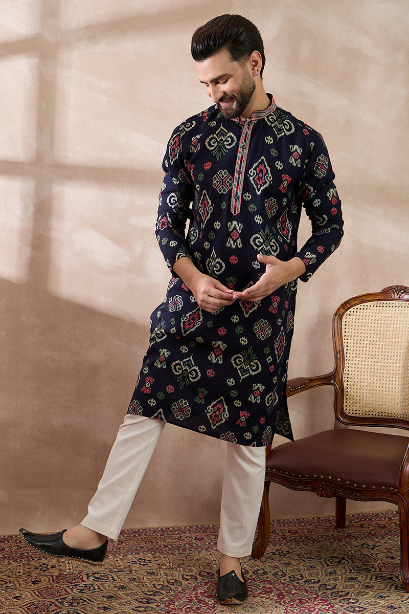 Blue Silk Blend Printed Mandarin Collar Straight Kurta With Trouser MKSET1987