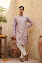 Lavender Silk Blend Embroidered Straight Kurta With Trousers MKSET2106
