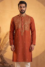 Orange Silk Blend Solid Emboidered Straight Kurta With Trouser MKSET2372