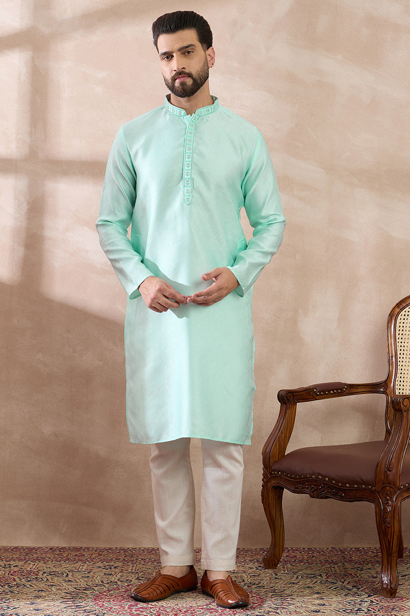 Teal Polyester Woven Design Mandarin Collar Straight Kurta With Trouser MKSET2016