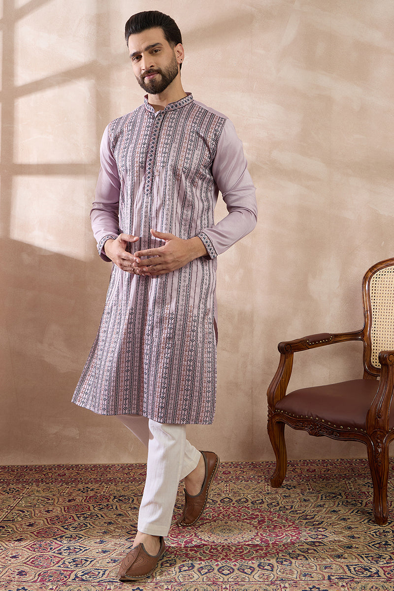 Lavender Silk Blend Embroidered Mandarin Collar Straight Kurta With Trouser MKSET2041