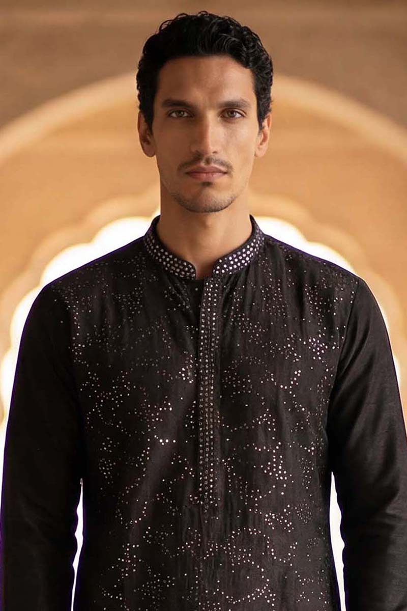 Silk Blend Black Solid Embroidered Calf Length Straight Kurta MKU2128