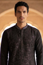 Silk Blend Black Solid Embroidered Calf Length Straight Kurta MKU2128
