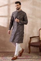 Black Silk Blend Printed Mandarin Collar Straight Kurta MKU2116