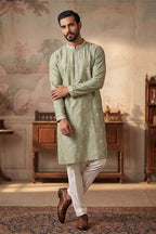 Green Silk Blend Solid Embroidered Kurta MKU2153