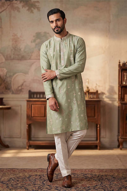 Green Silk Blend Solid Embroidered Kurta MKU2153