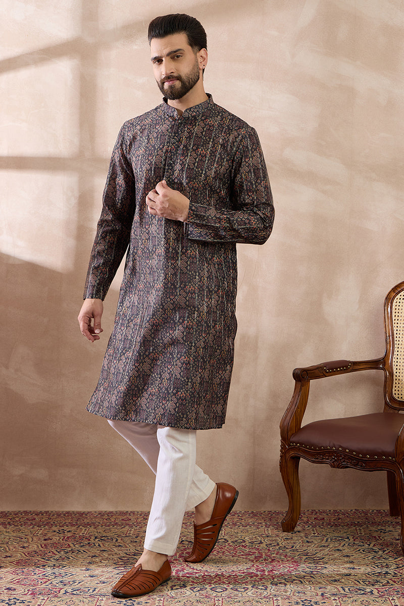 Black Silk Blend Printed Mandarin Collar Straight Kurta With Trouser MKSET2116