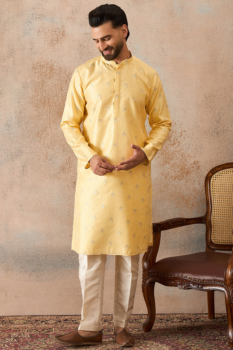 Yellow Silk Blend Floral Straight Kurta With Dupatta MKSET2216