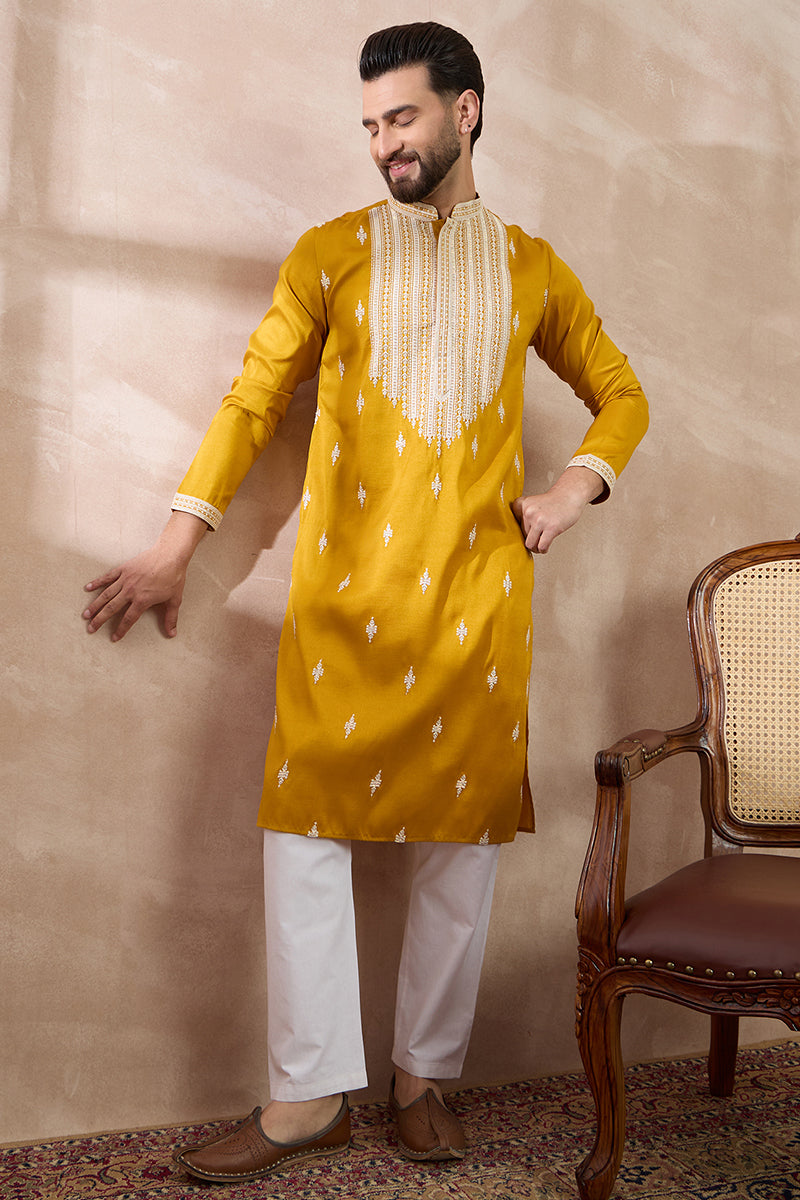 Yellow Silk Blend Embroidered Mandarin Collar Straight Kurta MKU1794