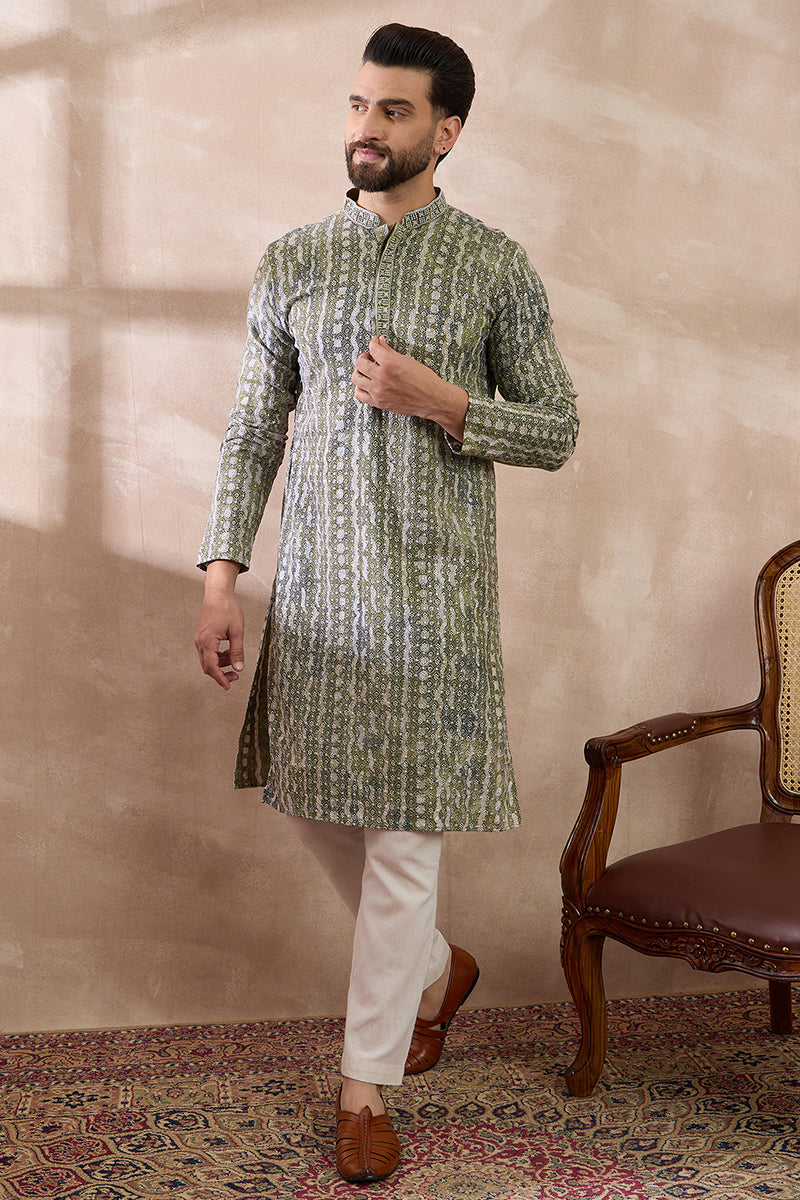 Green Silk Blend Printed Indian Wear for Men MKSET1661 | DesiQlo