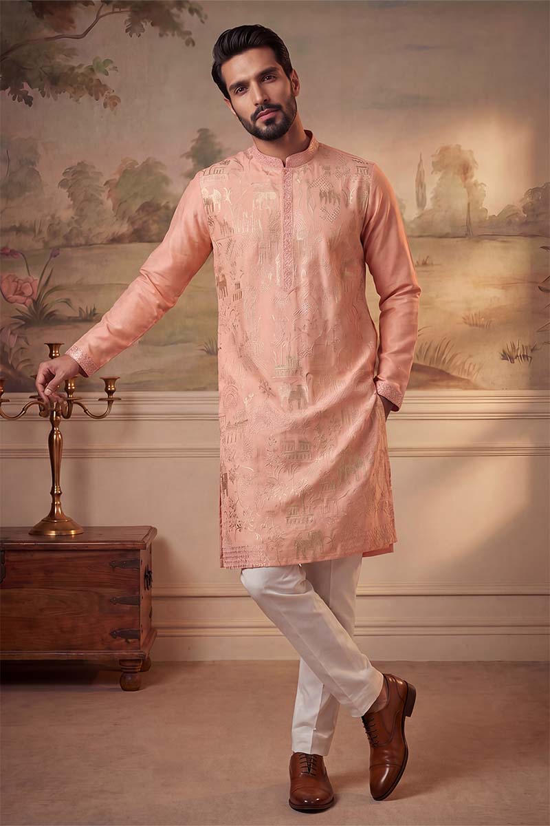 Peach Viscose Rayon Solid Embroidered Kurta MKU2092