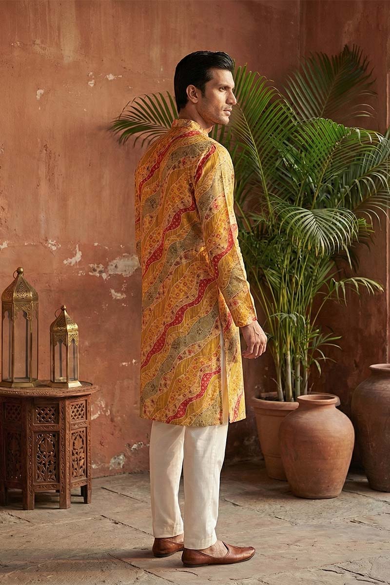 Yellow Silk Blend Printed Straight Kurta With Trousers MKSET2168