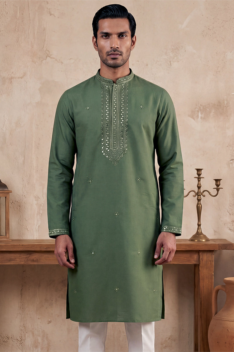 Green Silk Blend Solid Emboidered Sequins Kurta MKU2276