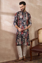 Black Silk Blend Printed Mandarin Collar Straight Kurta With Trouser MKSET1977