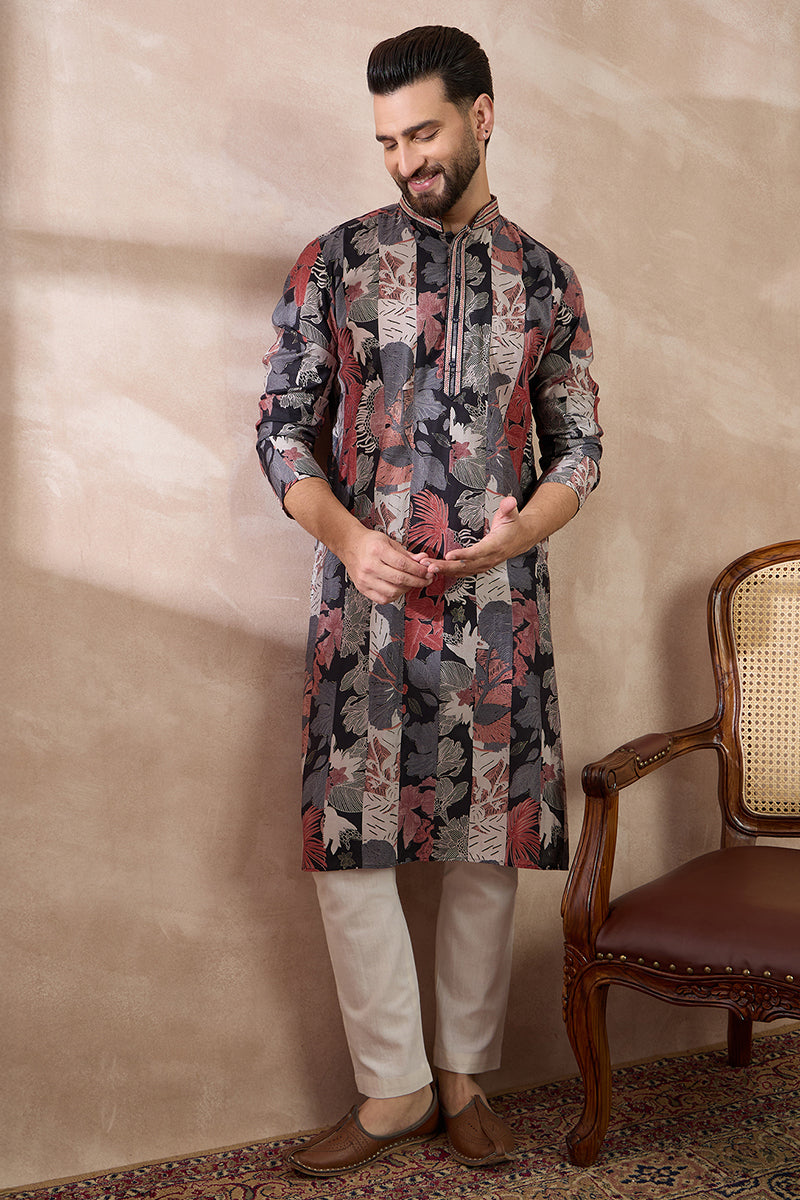 Black Silk Blend Printed Mandarin Collar Straight Kurta With Trouser MKSET1977