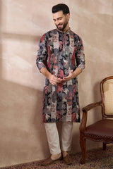 Black Silk Blend Printed Mandarin Collar Straight Kurta With Trouser MKSET1977