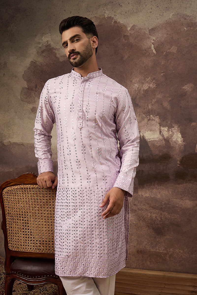 Lavender Silk Blend Solid Embroidered Straight Kurta MKU1359