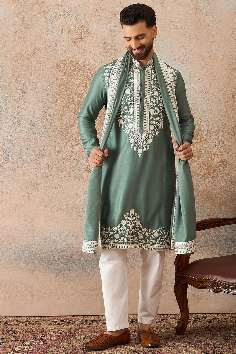 Green Silk Blend Solid Embroidered Kurta Trouser With Dupatta MKPD1040