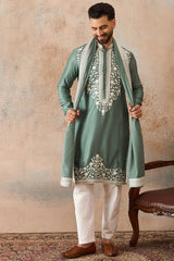 Green Silk Blend Solid Embroidered Kurta Trouser With Dupatta MKPD1040