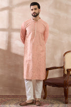 Peach Silk Blend Embroidered Mandarin Collar Straight Kurta With Trouser MKSET2045