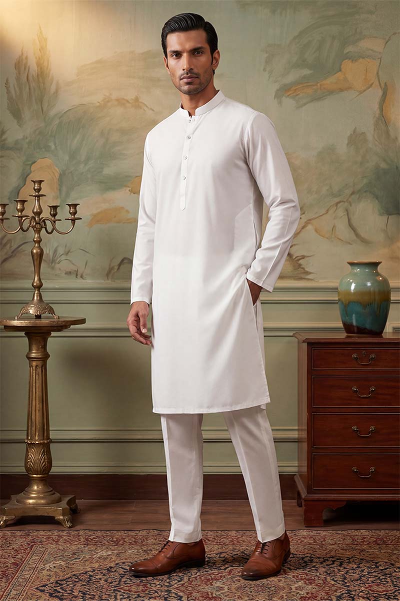 White Silk Blend Solid Solid Kurta With Trousers MKSET2220