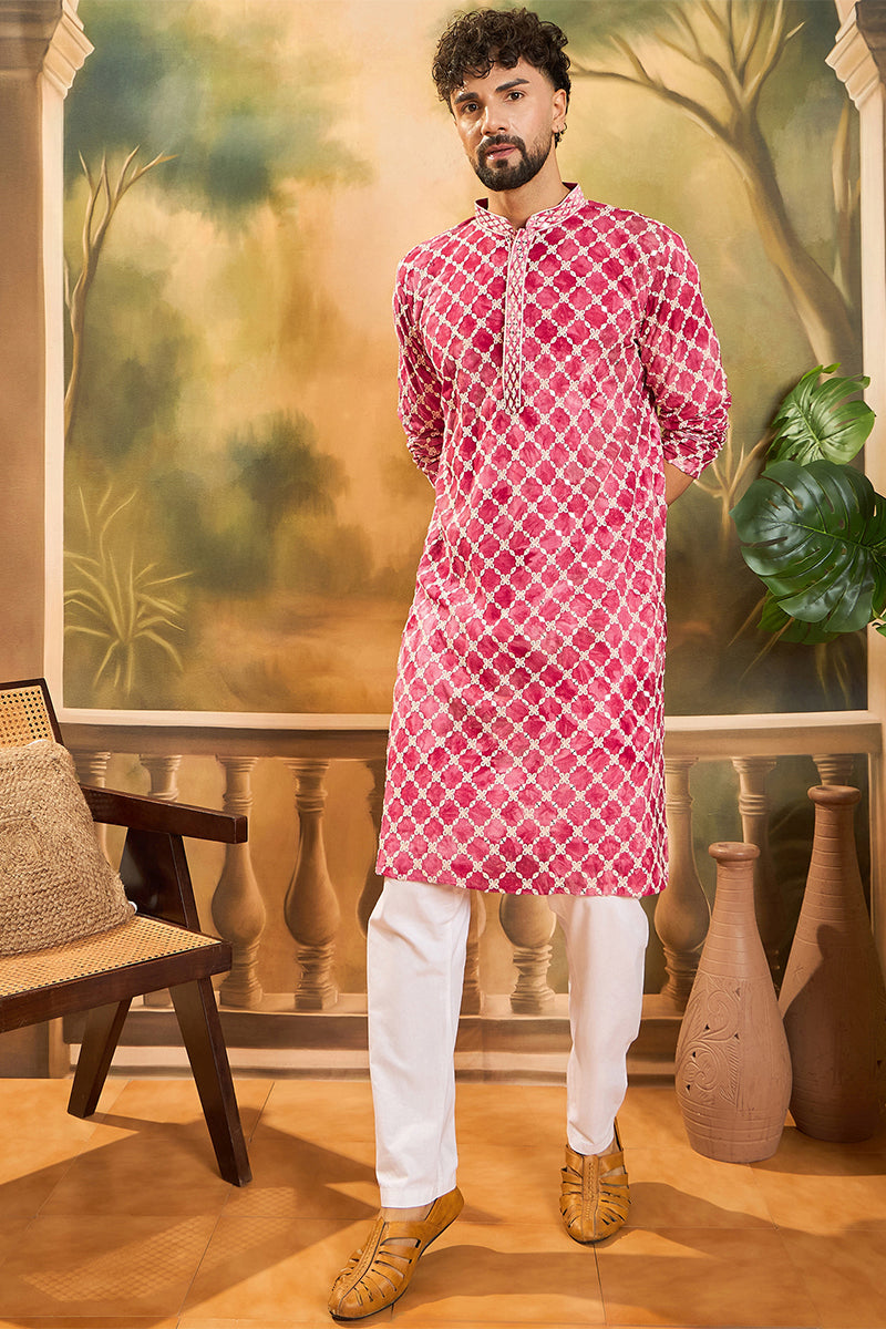 Red Silk Blend Embroidered Shibori Straight Kurta With Trousers MKSET1417
