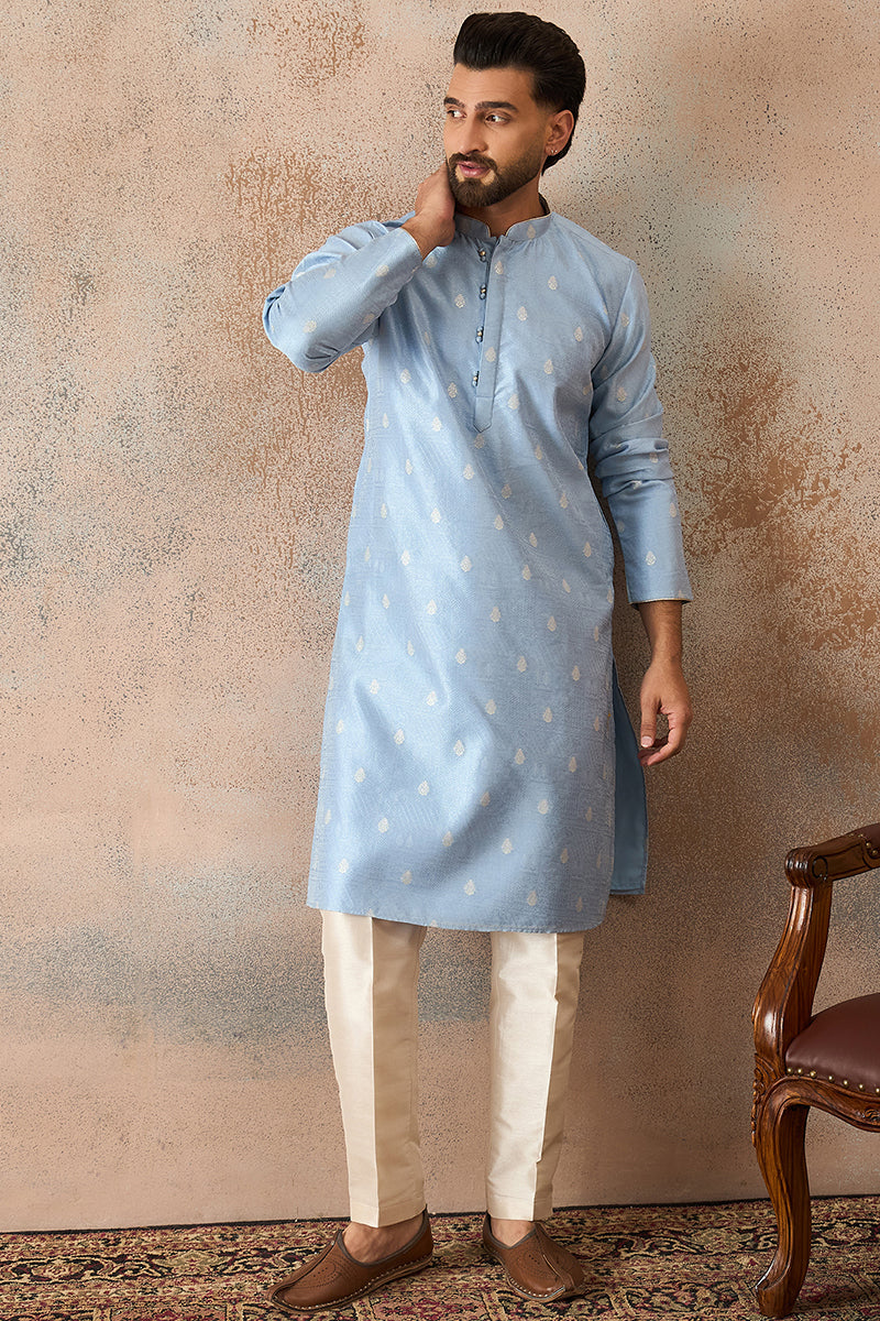 Blue Silk Blend Floral Straight Kurta With Dupatta MKSET2217