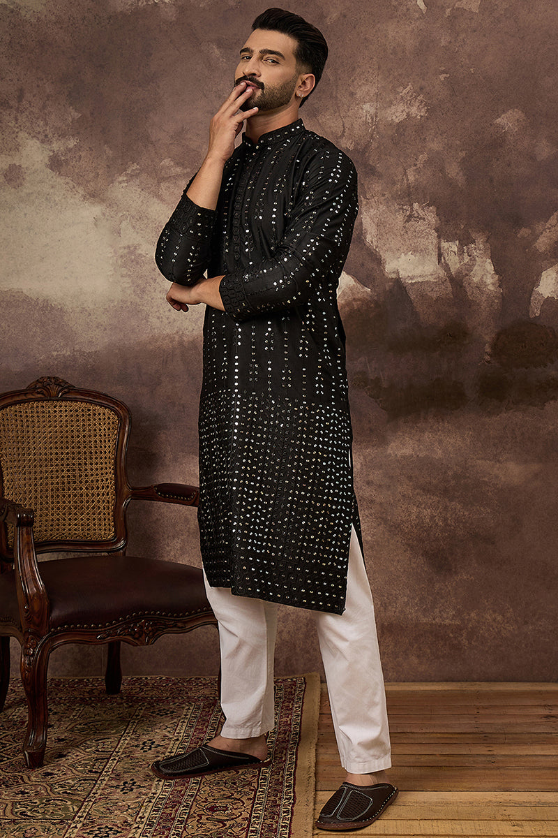 Black Silk Blend Solid Embroidered Straight Kurta MKU1360