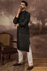 Black Silk Blend Solid Embroidered Straight Kurta MKU1360