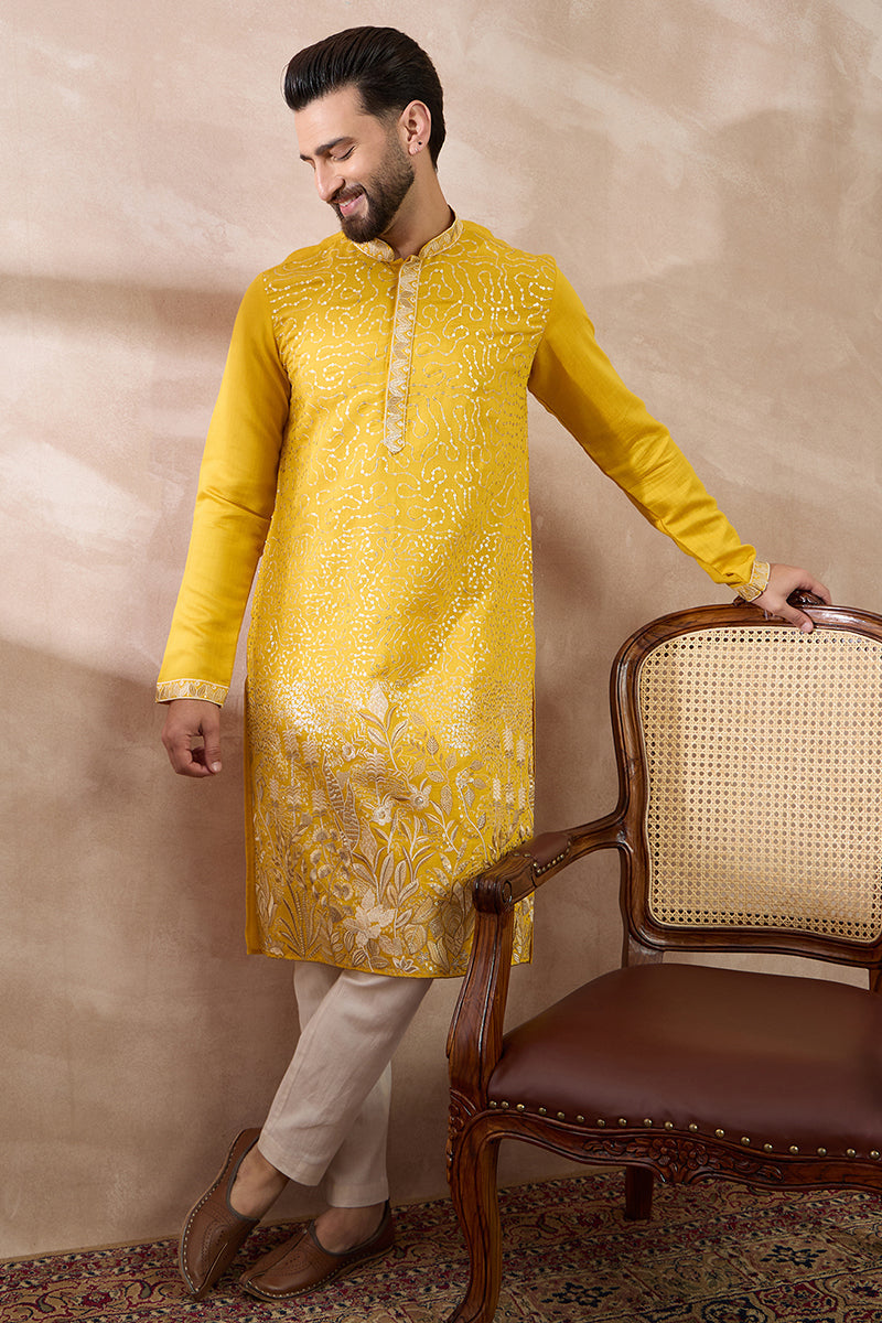 Yellow Silk Blend Embroidered Mandarin Collar Straight Kurta MKU2052