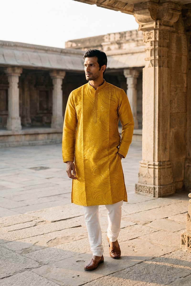 Yellow Silk Blend Embroidered Straight Kurta With Trousers MKSET2073