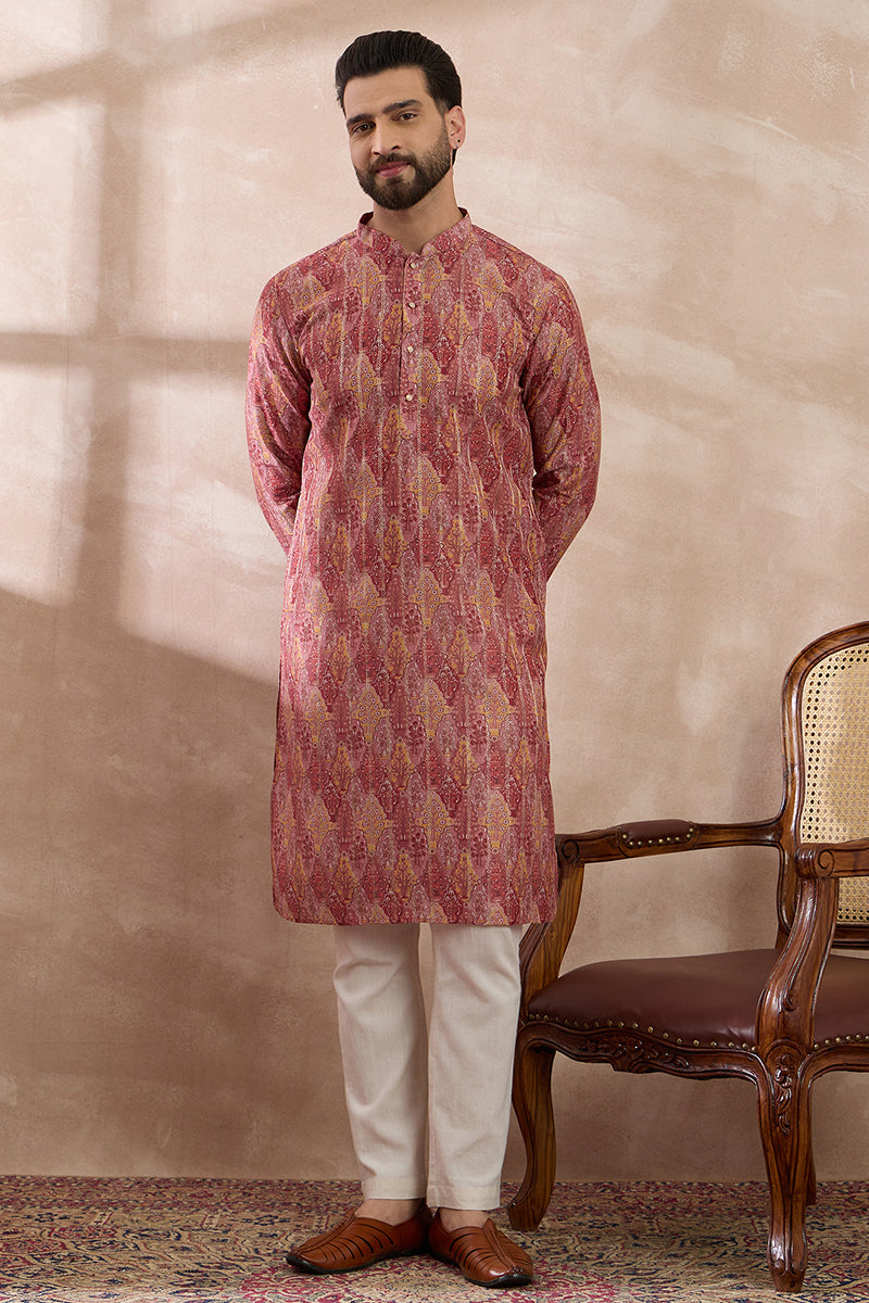 Pink Silk Blend Printed Mandarin Collar Straight Kurta With Trouser MKSET2054